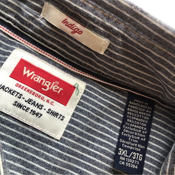 Wrangler Indigo Button-Up Shirt Men’s Size 3XL Blue/White Stripes Long Sleeves - Picture 3 of 16